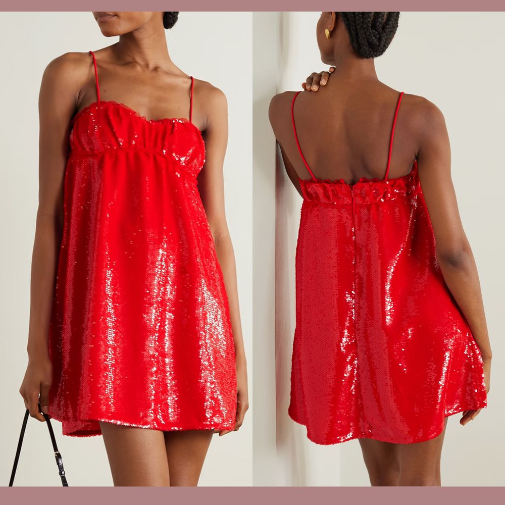 Nwt $575 Ganni [ 40 Eu ] Ruched Sequined Tulle Mini Dress In Red